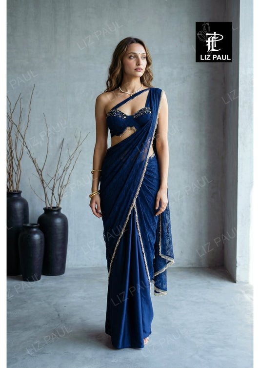 Navy Blue Chantilly Lace Pre-Draped Saree With Satin Pleats & Chantilly Blouse With Beads &amp; Metal Emb
