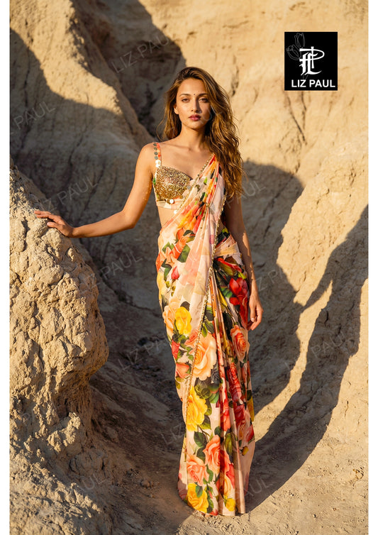 Peach Rose Printed Silk Pre-Draped Saree And Blouse With Metal Emb