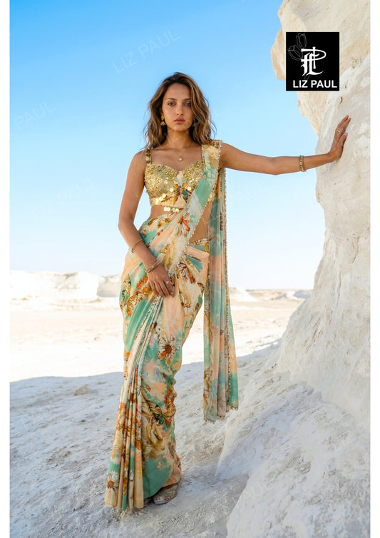 Aqua Green & Peach Mystrical Chariot Printed Silk Pre-Draped Saree And Blouse With Metal Emb