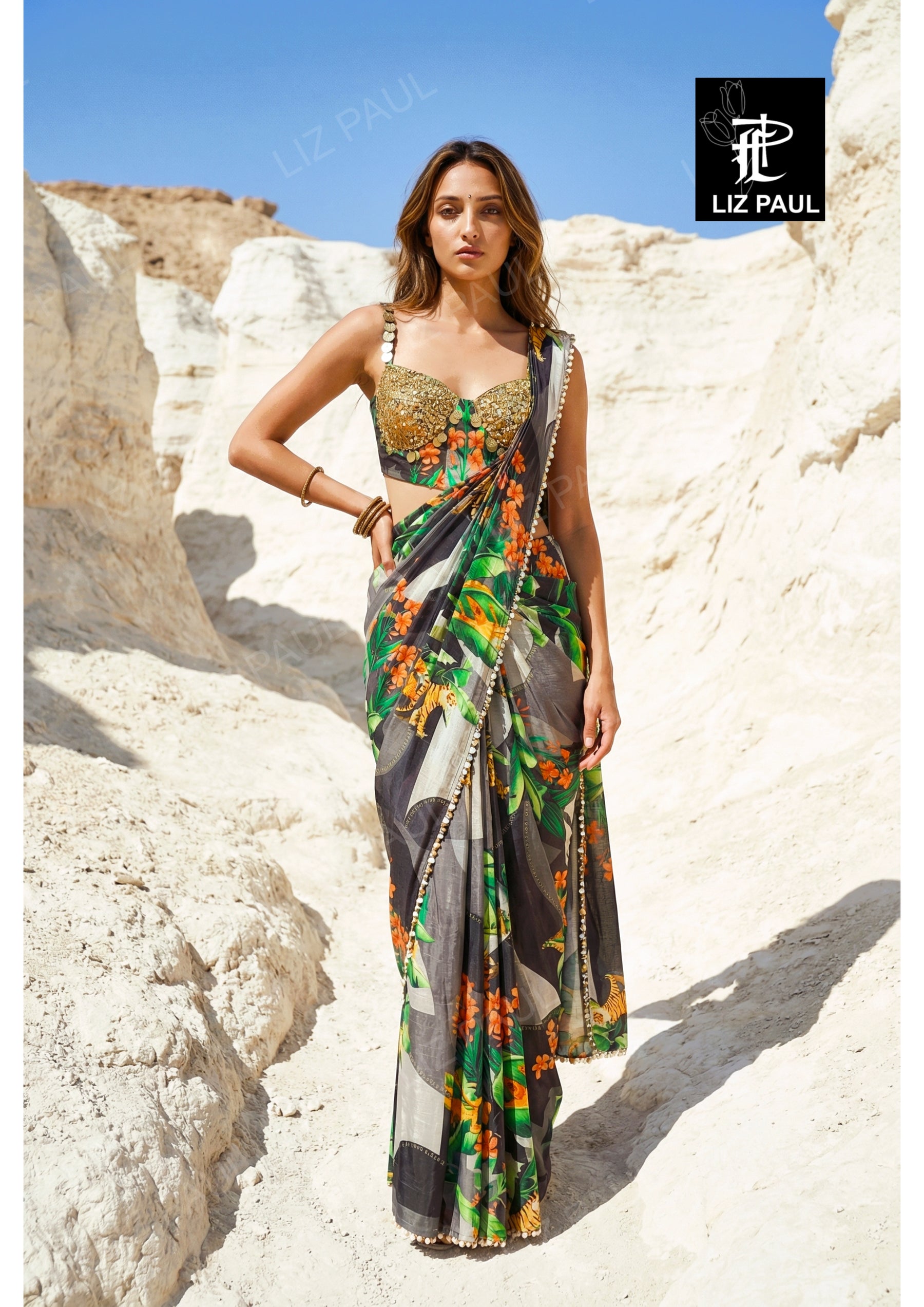 Black Grey Printed Colour Block Silk Pre-Draped Saree And Blouse With Metal Emb