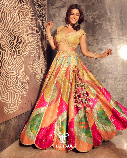 Kaleidoscope Pista Multicolour Banarsi Patchwork Lehenga