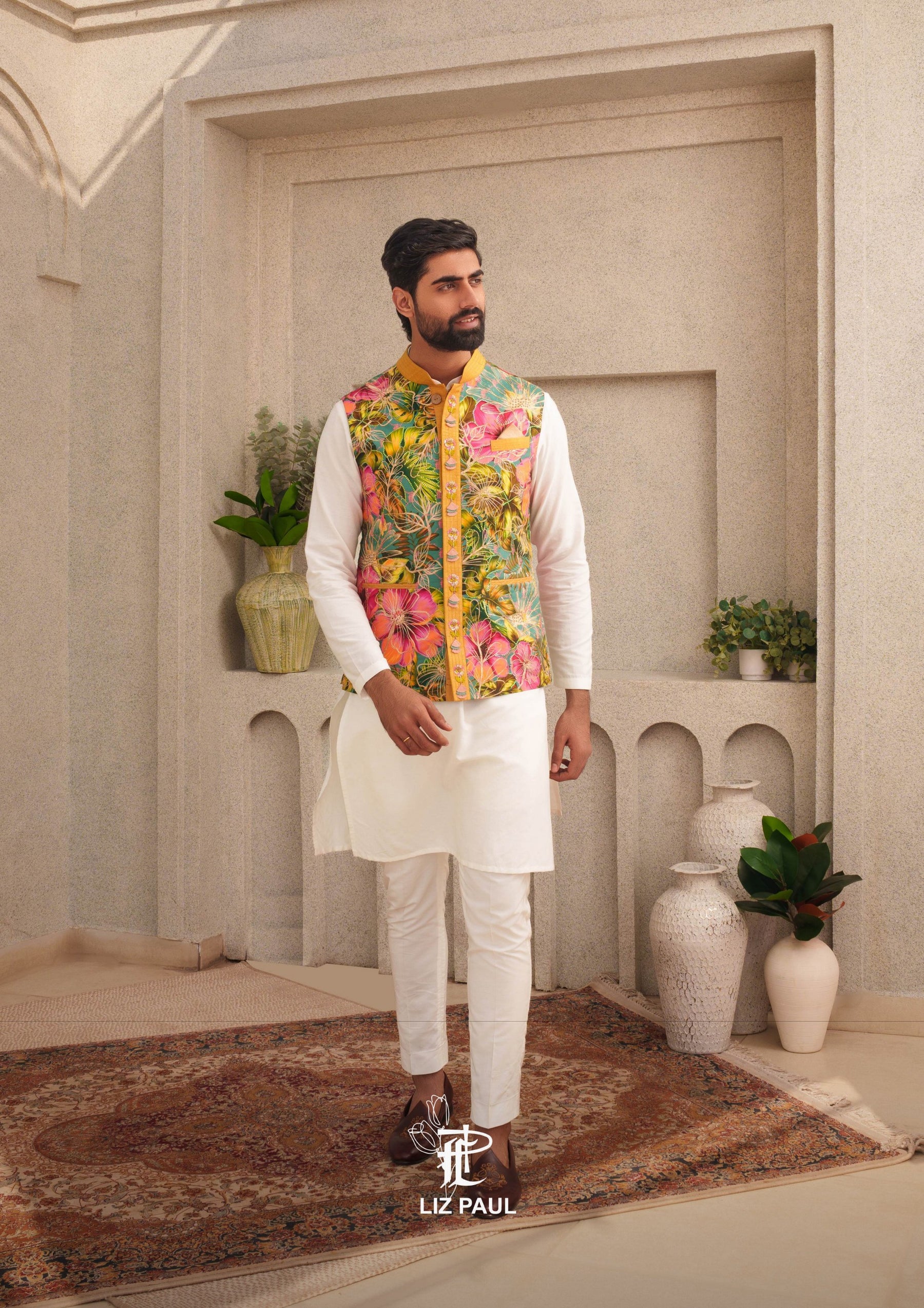 Ocean Teal Blue Tropical Hibiscus Nehru Jacket