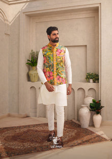Ocean Teal Blue Tropical Hibiscus Nehru Jacket