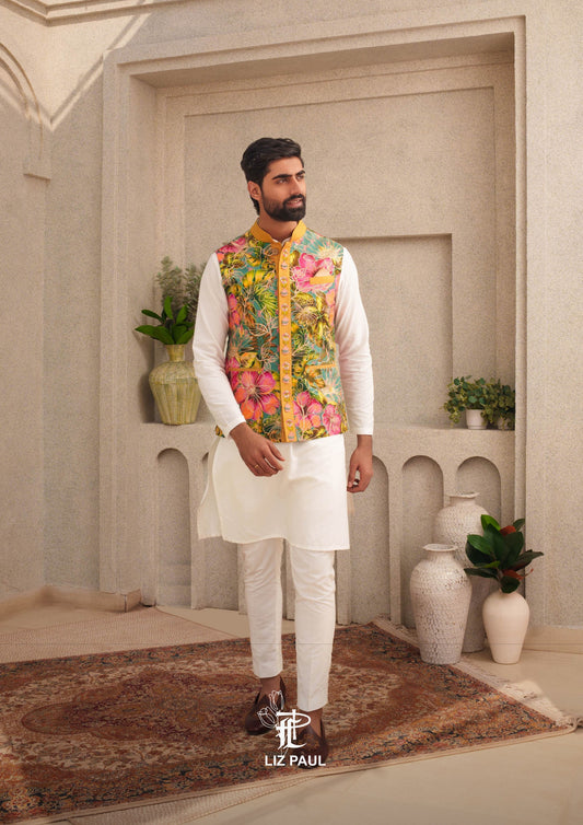 Ocean Teal Blue Tropical Hibiscus Nehru Jacket