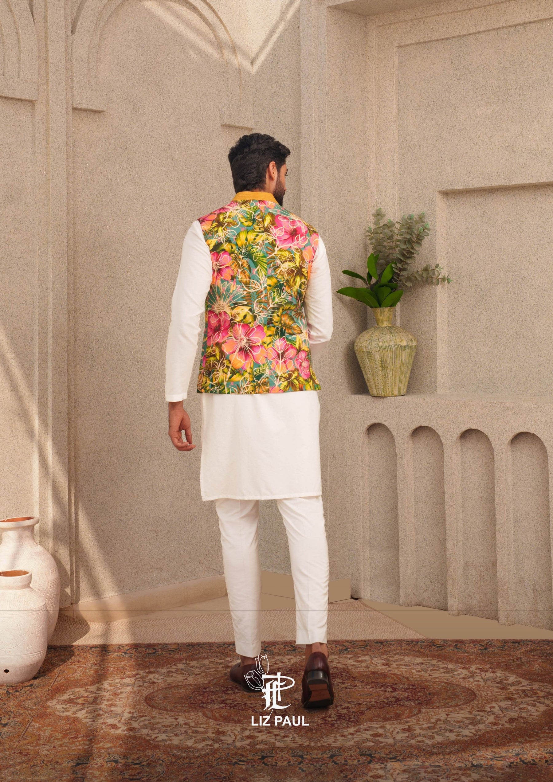 Ocean Teal Blue Tropical Hibiscus Nehru Jacket