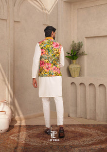Ocean Teal Blue Tropical Hibiscus Nehru Jacket