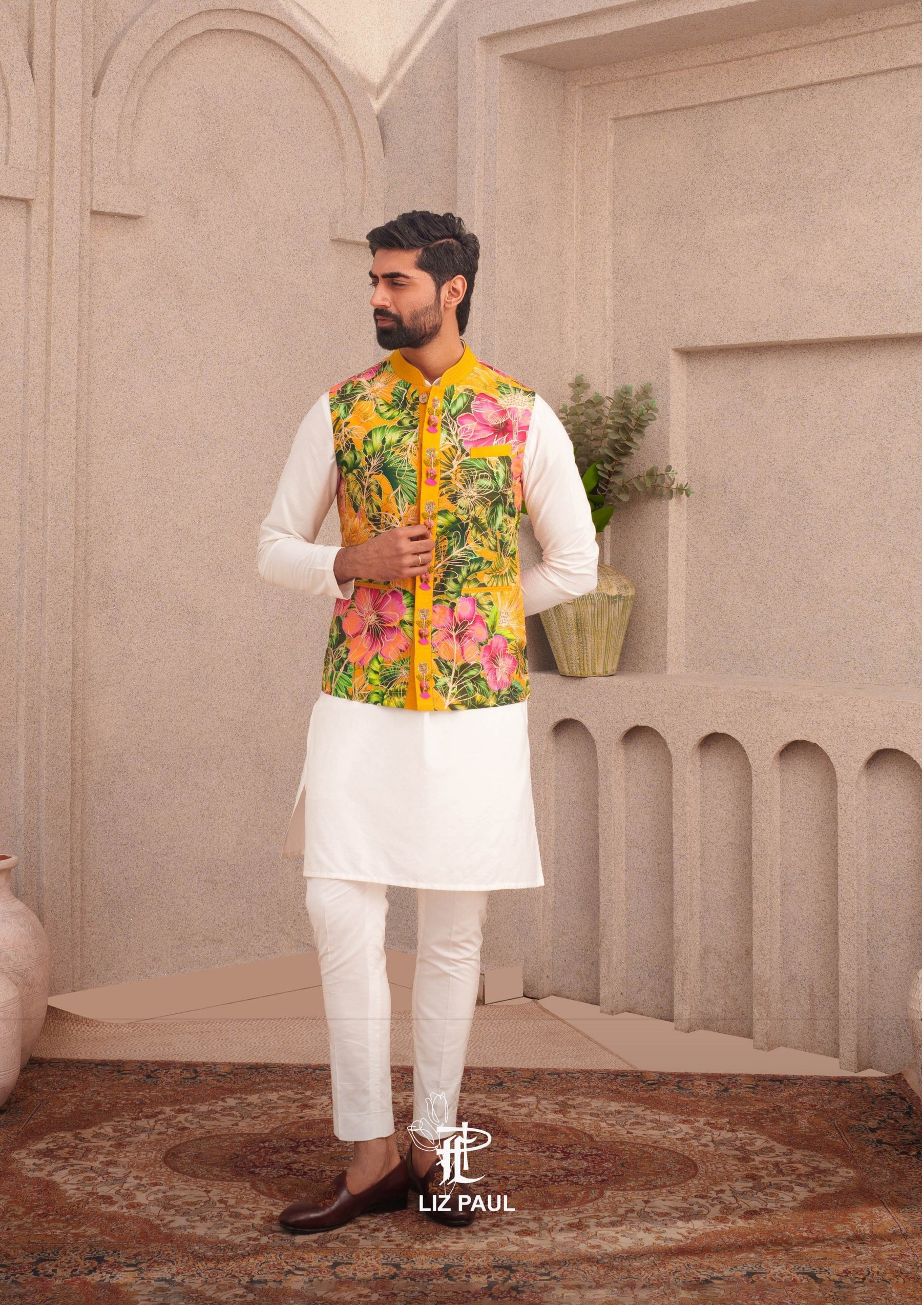 Canary Yellow Tropical Hibiscus Nehru Jacket