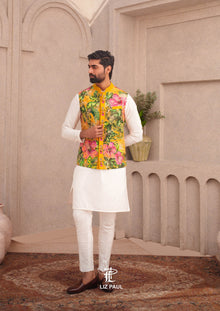 Canary Yellow Tropical Hibiscus Nehru Jacket