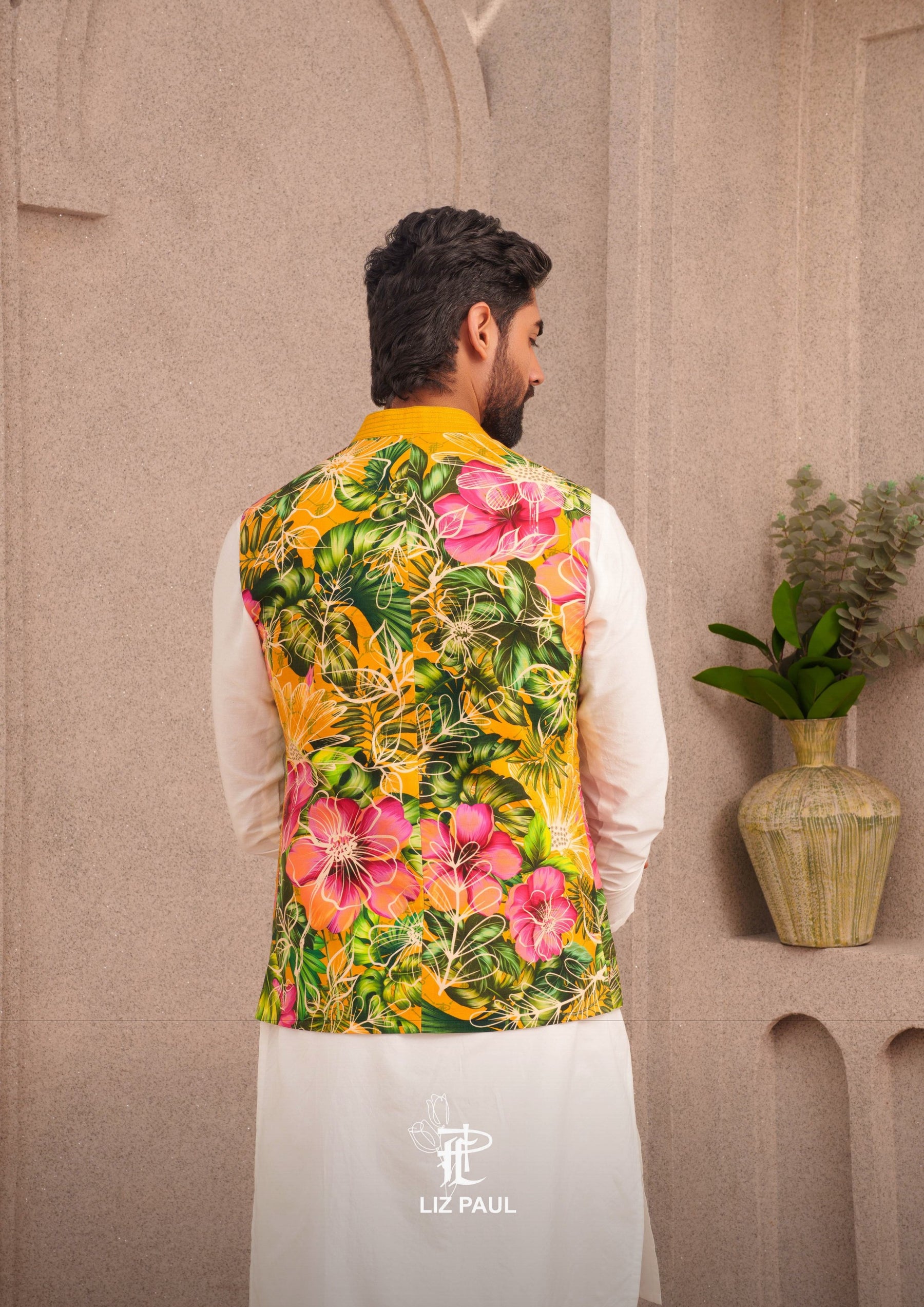 Canary Yellow Tropical Hibiscus Nehru Jacket