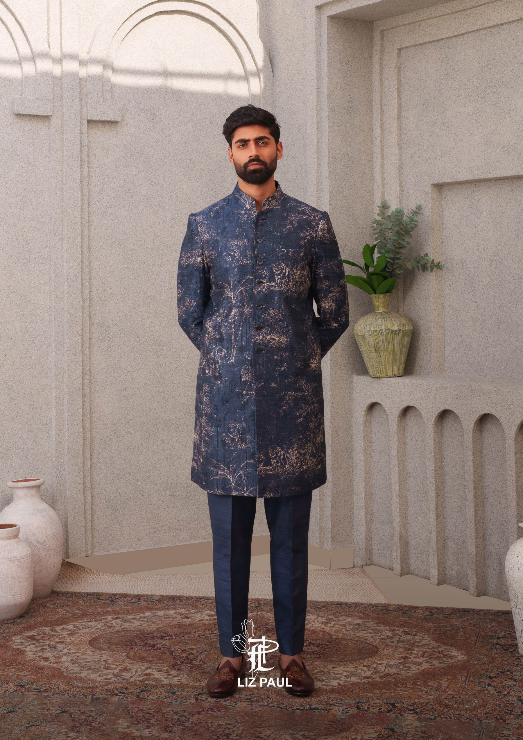 Navy Blue Textured Raw Silk Achkan Set