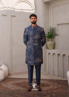 Navy Blue Textured Raw Silk Achkan Set