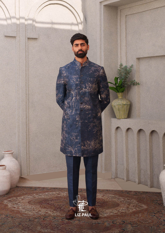 Navy Blue Textured Raw Silk Achkan Set