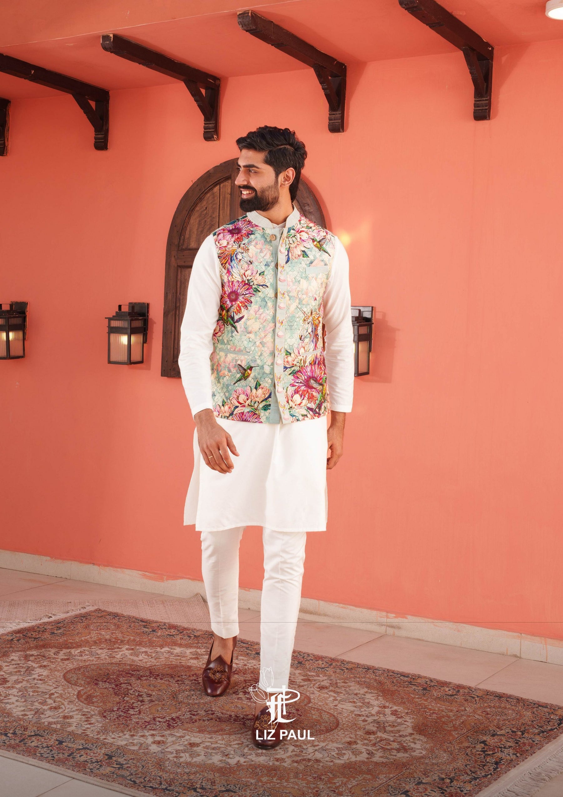 Satin Glass Rose Print Nehru Jacket