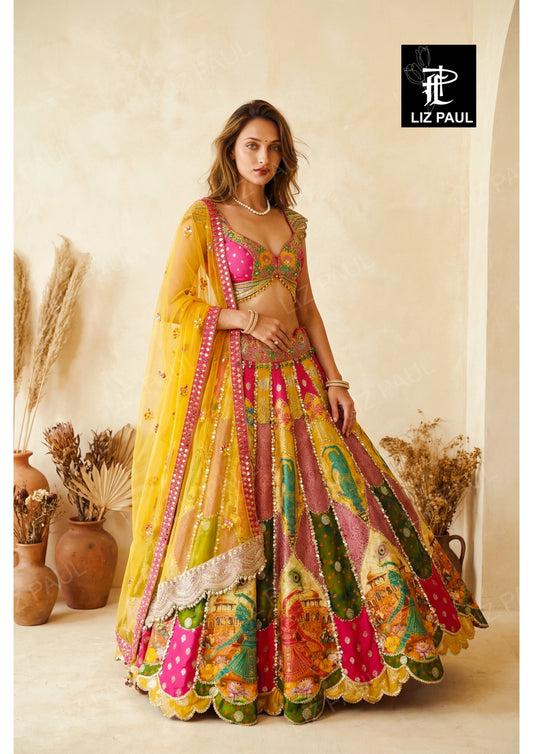 Peacock Feather Kathak Dancing Girl Mosaic Lehenga