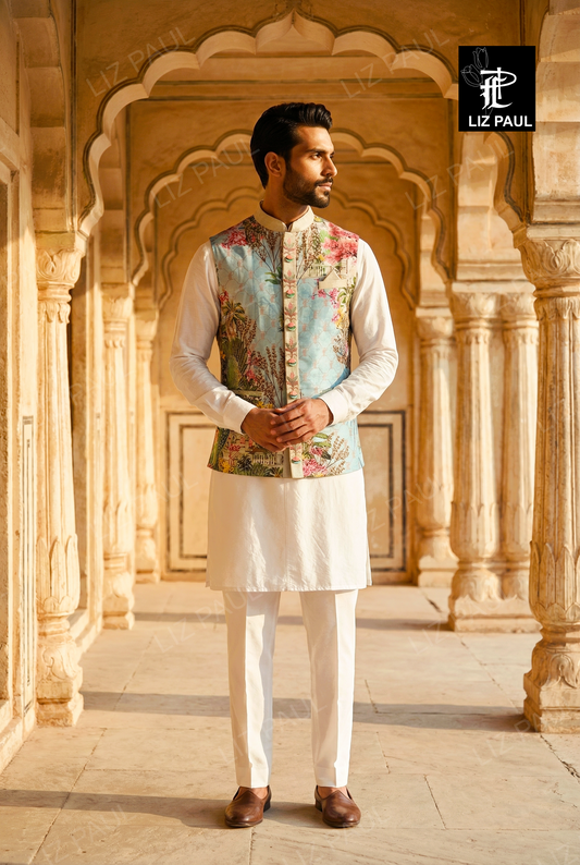 Powder Blue Garden Peacock Print NehruJacket