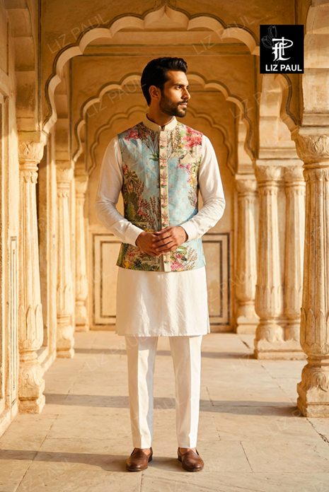Sky Blue Garden  Peacock Print Jacket and Off white Kurta  Trouser