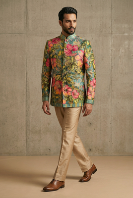 Printed Silk Embroidered Bandhgala-achkan with Silk Trousers