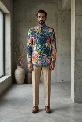 Printed Silk Embroidered Bandhgala-achkan with Silk Trousers