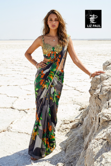 Black Grey Printed Colour Block Silk Pre-Draped Saree And Blouse With Metal Emb