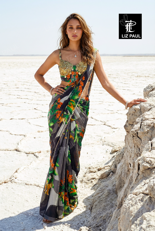 Black Grey Printed Colour Block Silk Pre-Draped Saree And Blouse With Metal Emb