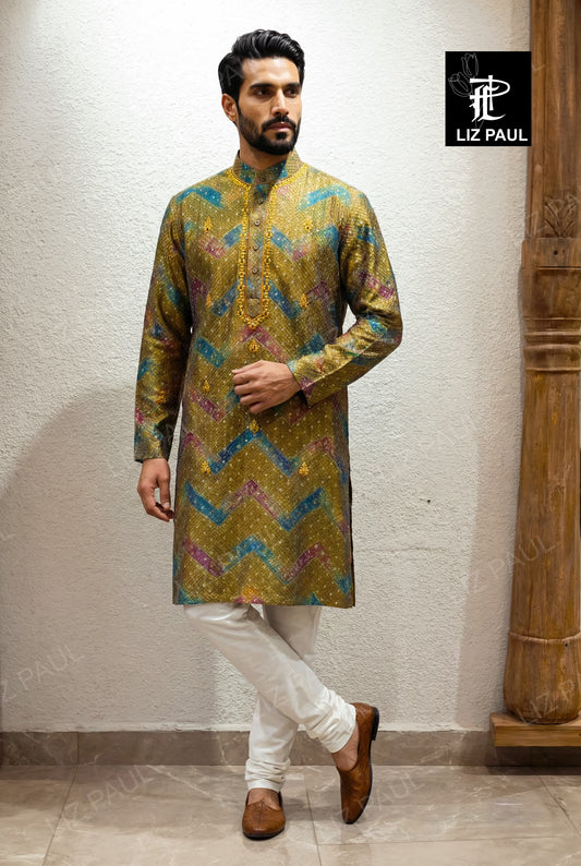 Mehendi Green Chevron Tie-Dye Banarsi Kurta Set