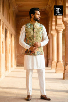 Sage Olive Carriage Print Nehru Jacket