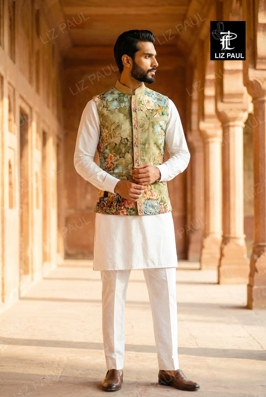 Pista Green Carriage Printed jacket and off white Kurta Trouser