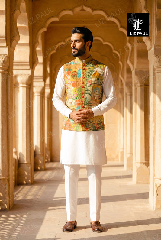 Multicolour Camel Print Nehru Jacket