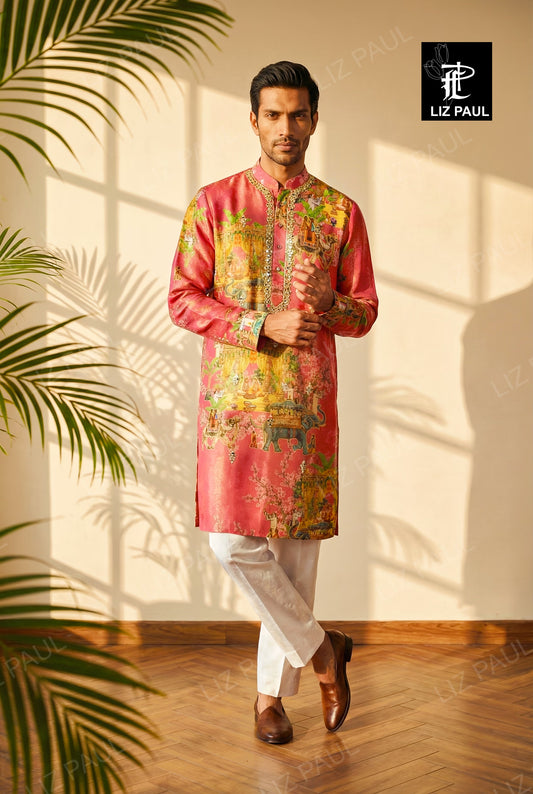 Coral Pink Mandap Print Kurta Set