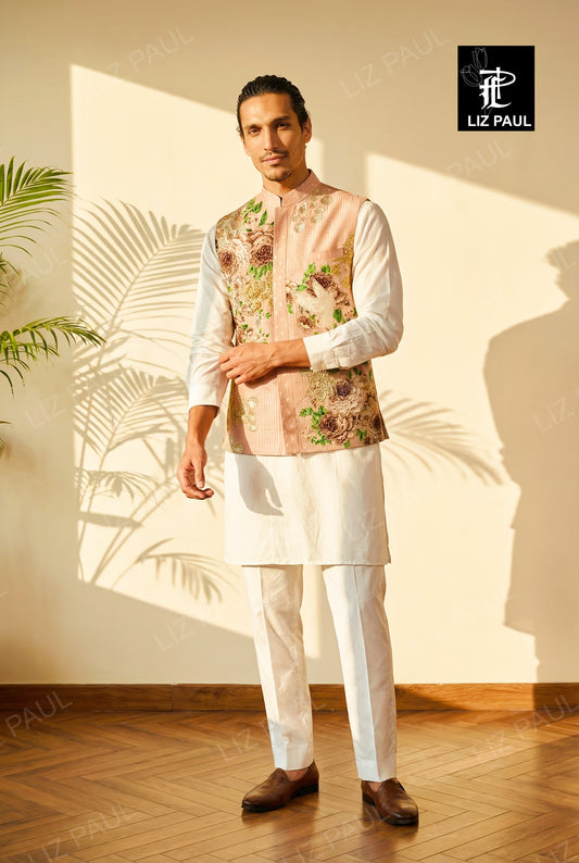 Peach Colour Vinatage Rose print Jacket and off-white Kurta Trouser