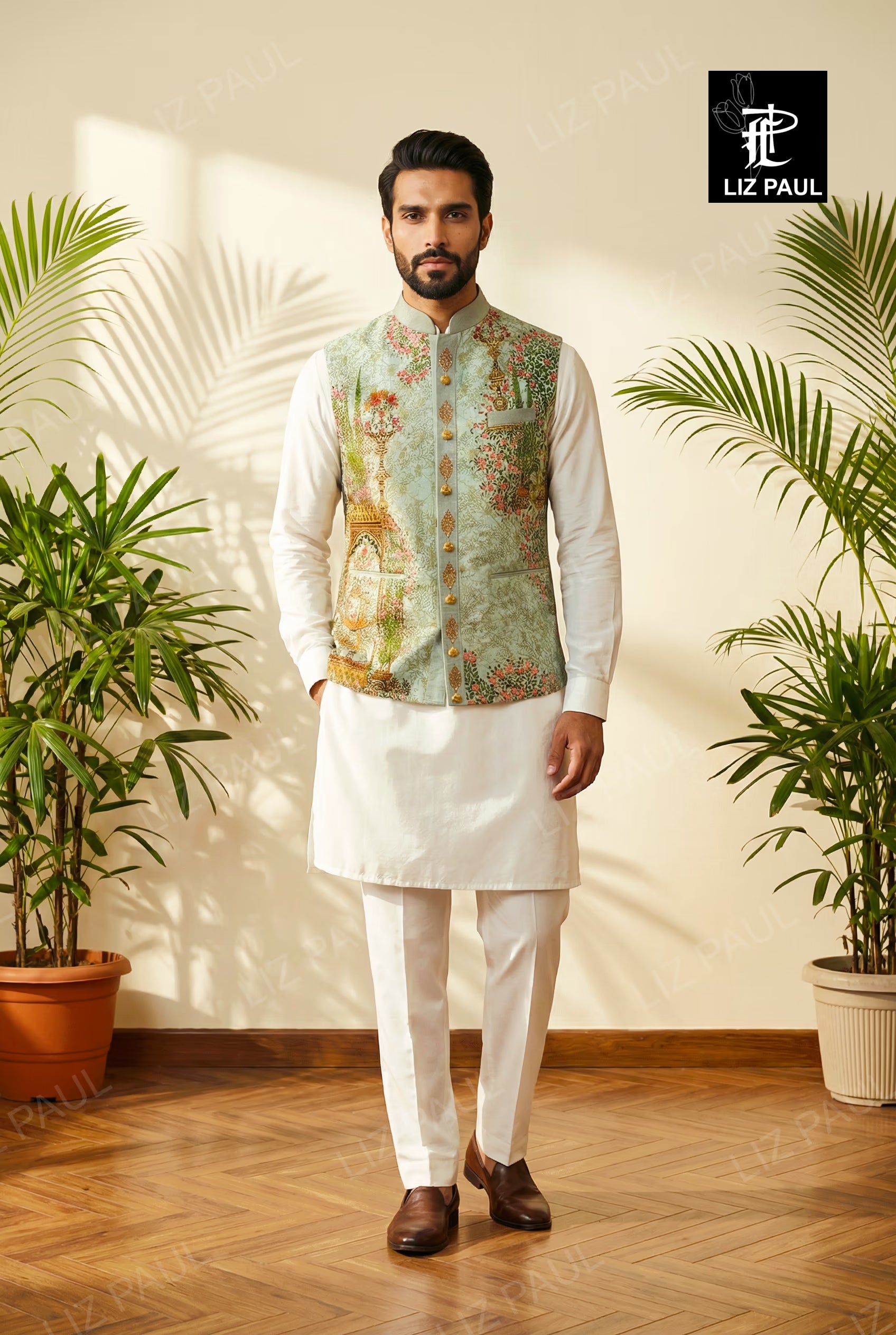 Powder Blue Elephant Print Nehru Jacket
