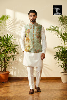 Powder Blue Elephant Print Nehru Jacket