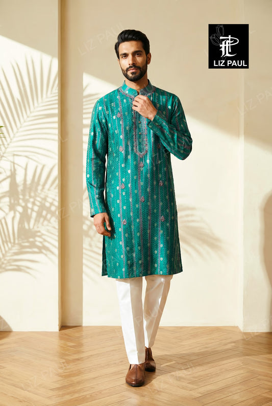 Teal Blue Tie-Dye Banarsi Kurta Set