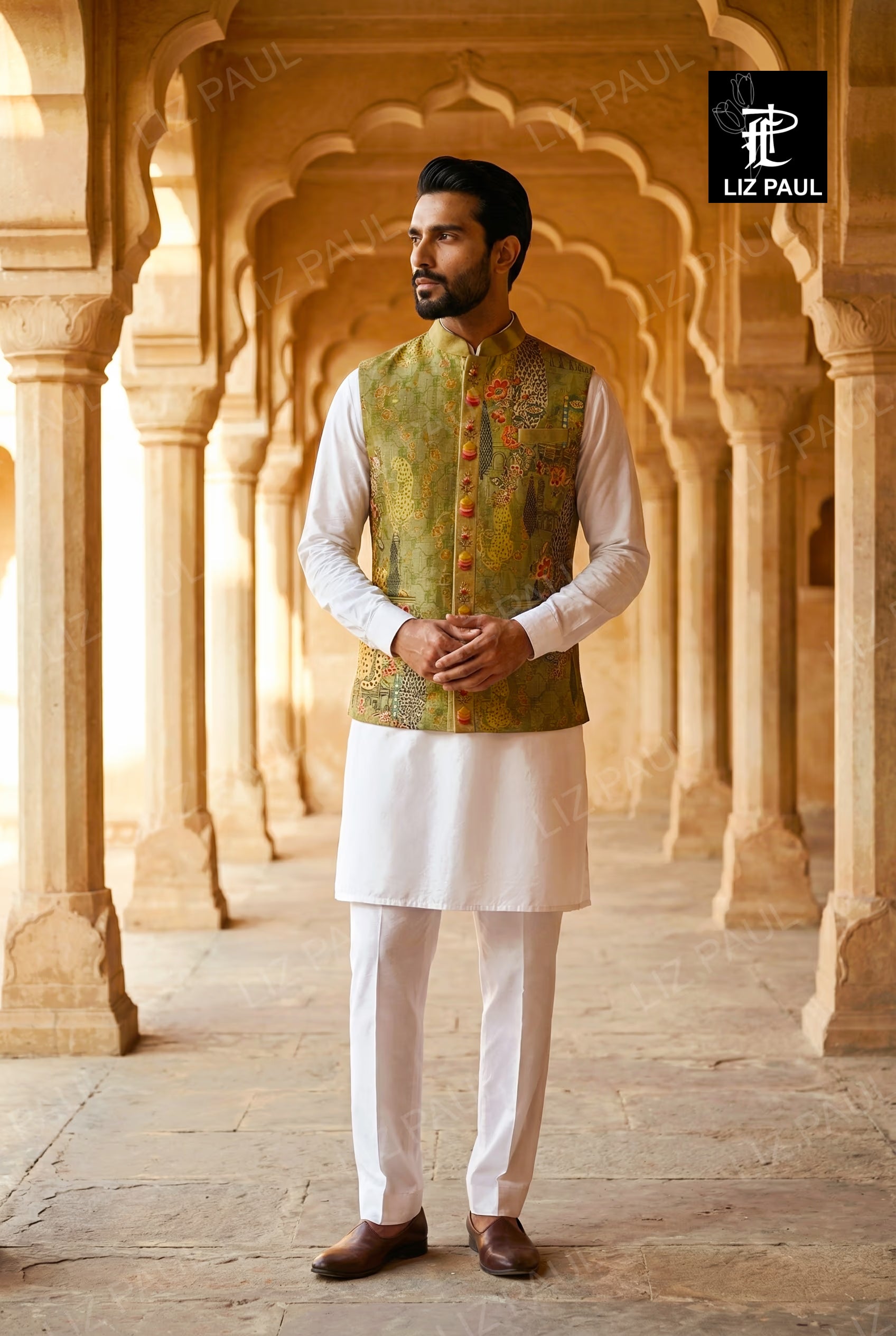 Moss Green Cheeta Print Nehru Jacket
