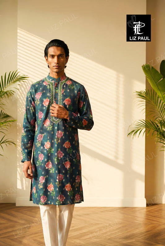 Navy Blue Moonga Banarsi Kurta Set