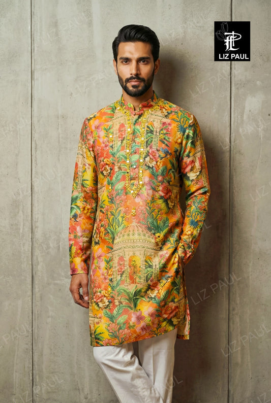 Gulposh Orange Gazeebo Print Kurta Set