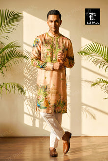 Light Peach Peacock Feather Print Kurta Set