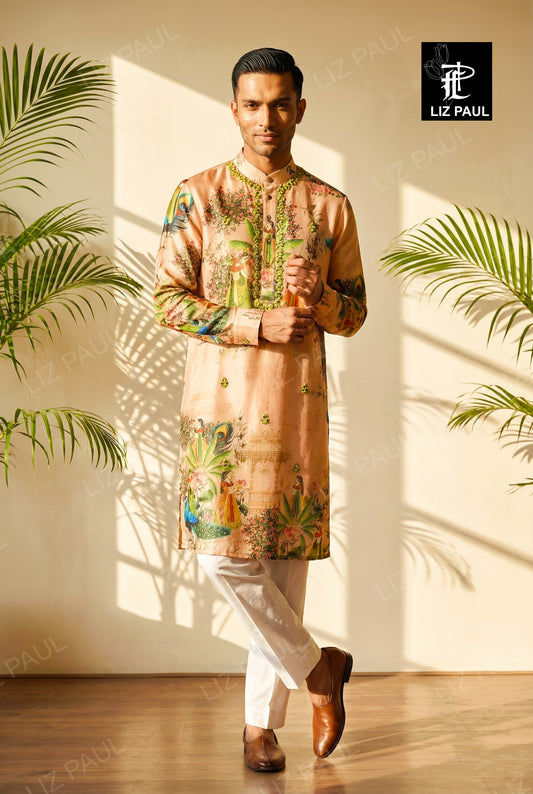 Light Peach Peacock Feather Print Kurta Set