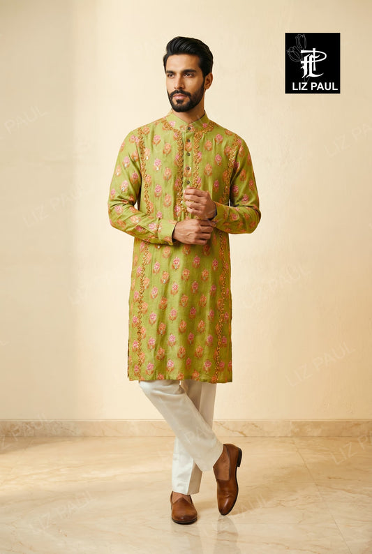Lime Green Moonga Banarsi Kurta Set