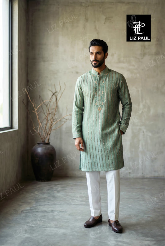 Powder Blue Tussar Silk Kurta Set